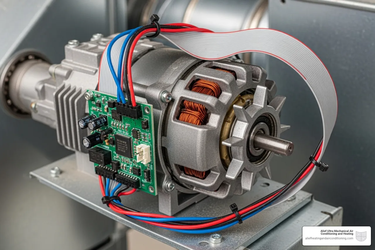 Close-up of a variable-speed motor component inside an HVAC unit - energy efficient hvac houston