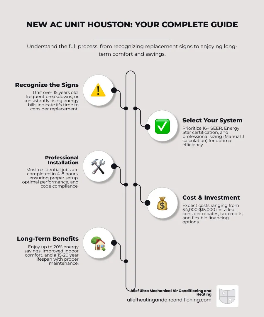 Comprehensive infographic showing the complete process of new AC unit installation in Houston, including warning signs for replacement (15+ year old unit, frequent repairs, rising energy bills), system selection factors (SEER ratings 16+, proper sizing with Manual J calculation, Energy Star certification), installation timeline (4-8 hours for most residential jobs), cost ranges ($4,000-$15,000), and long-term benefits (20% energy savings, improved comfort, 15-20 year lifespan with maintenance) - new ac unit houston infographic infographic-line-5-steps-neat_beige