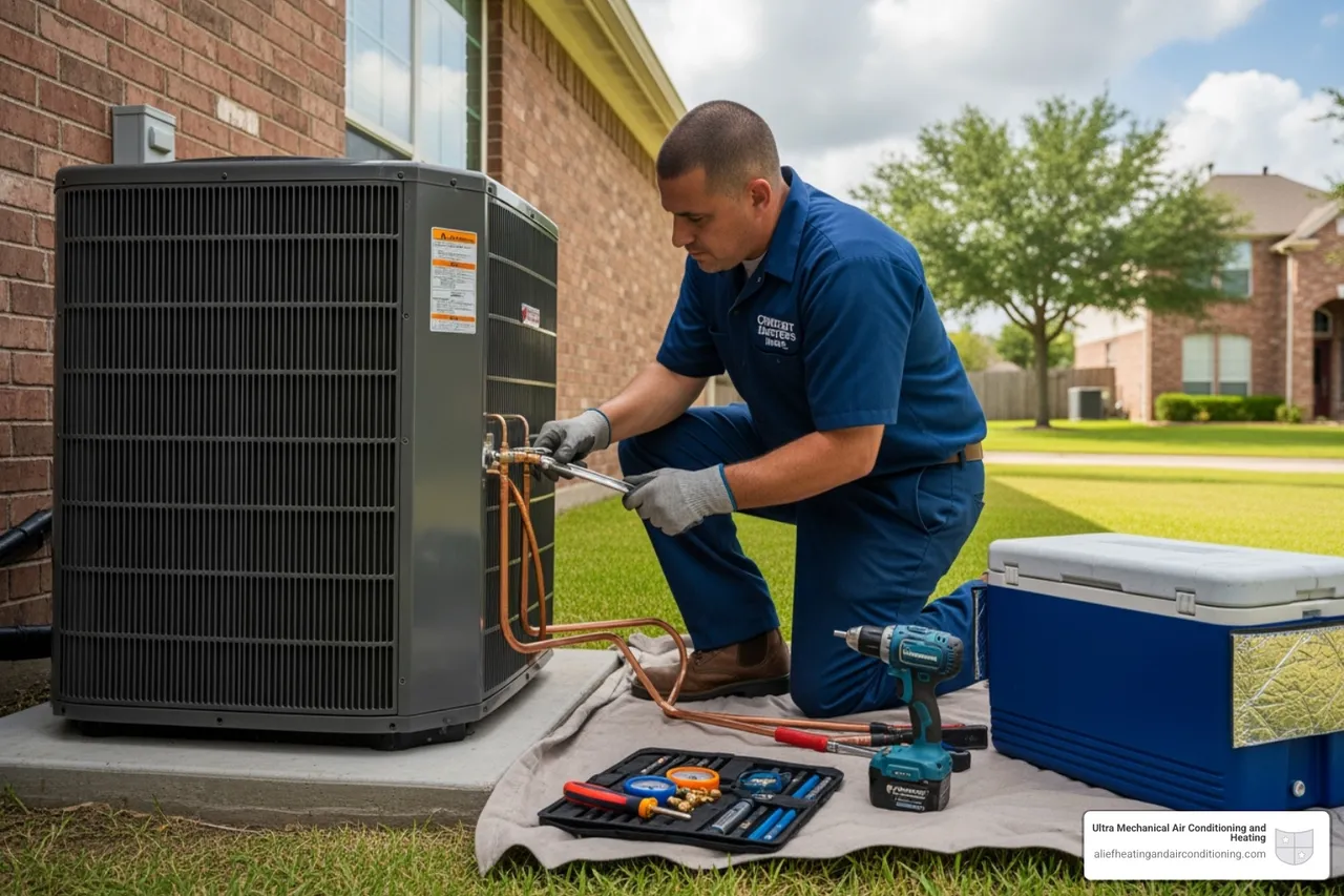 professional technician carefully installing an outdoor condenser unit - install high efficiency ac houston