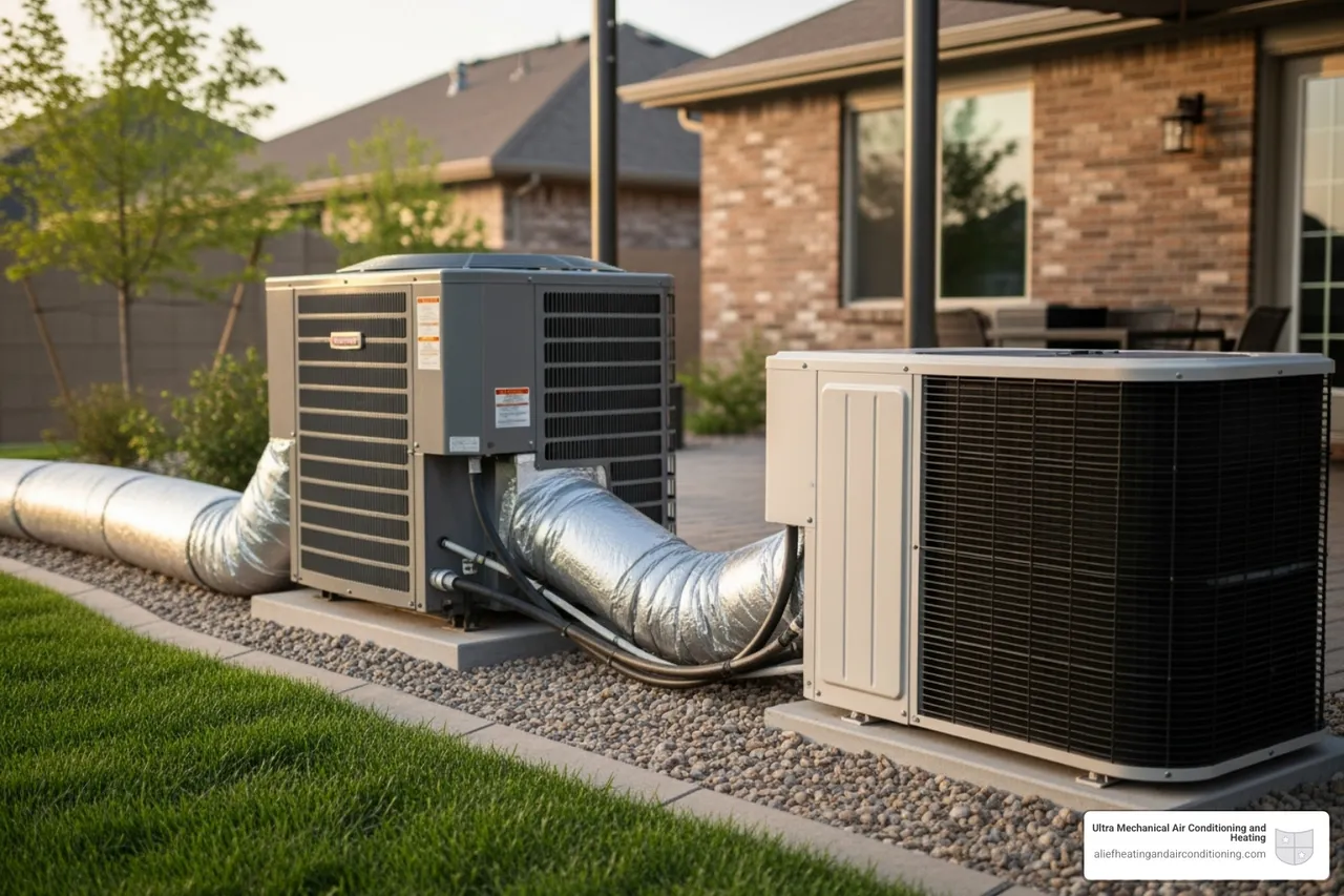 Side-by-side comparison of a bulky traditional HVAC unit with ductwork and a sleek mini-split system - multi‑zone mini split houston