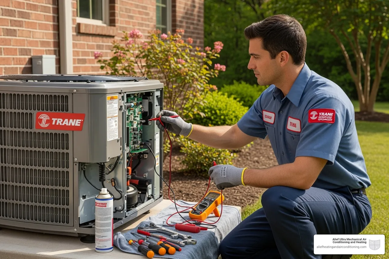 Certified technician servicing a Trane outdoor unit - trane ac repair houston