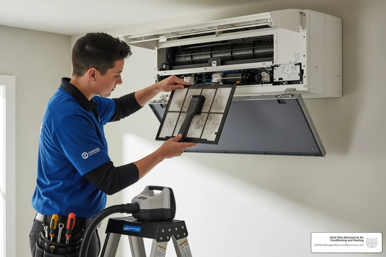 HVAC technician cleaning the filter of an indoor wall-mounted mini-split unit - ductless mini-splits houston