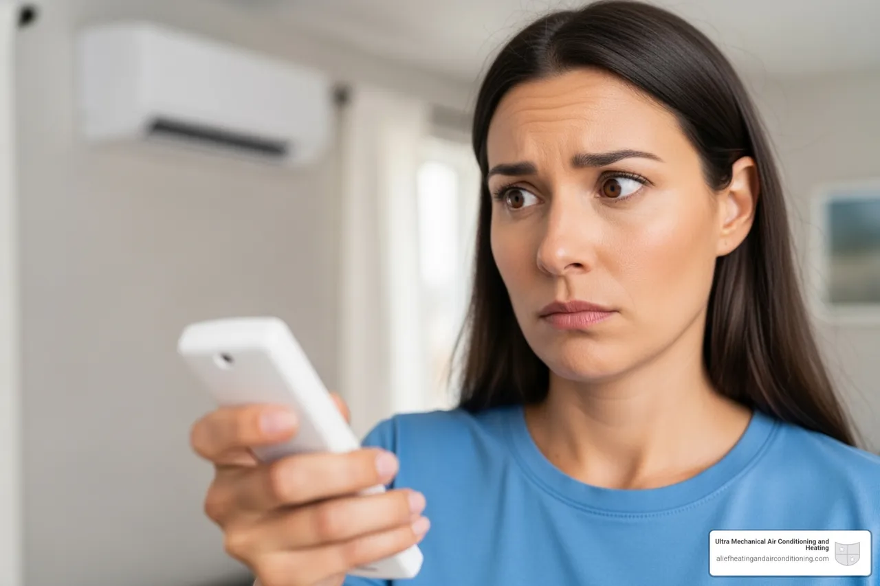 homeowner looking quizzically at their mini-split unit's remote control - split heater service houston