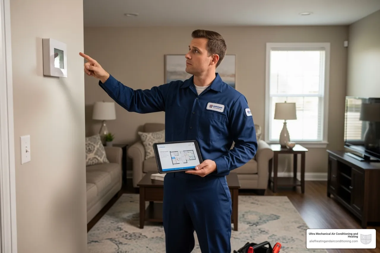Professional HVAC technician assessing a room for optimal mini-split unit placement, pointing to a wall with a tablet in hand - mini split installation near me houston