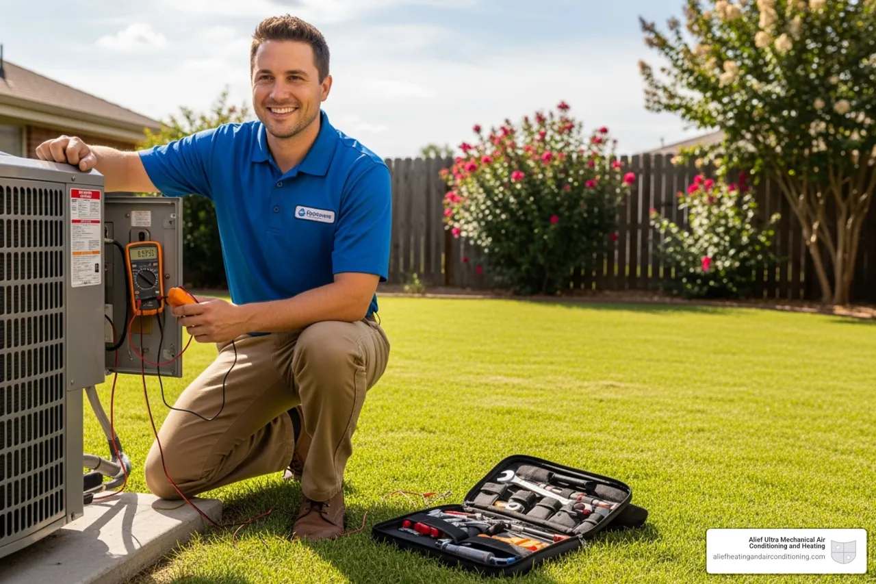 friendly technician servicing an outdoor AC unit - hvac cost savings houston