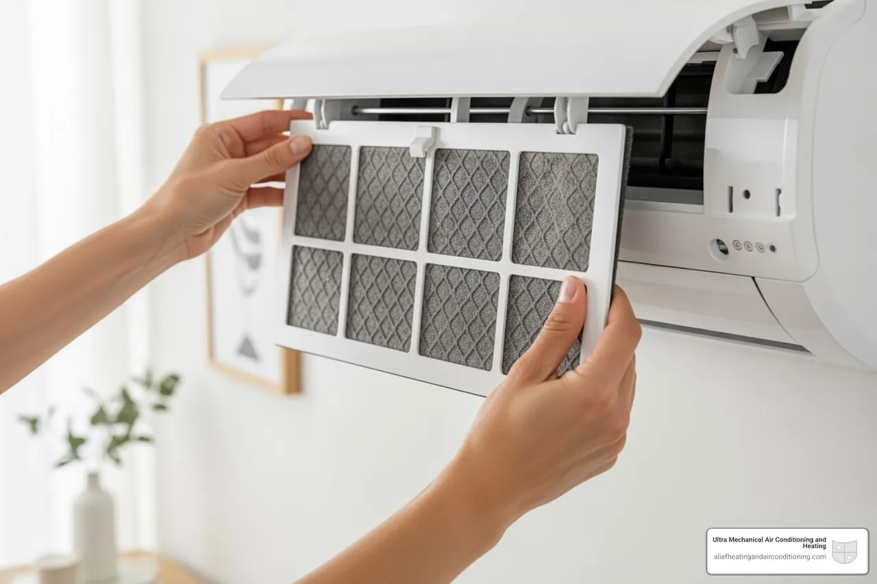 homeowner easily sliding out and cleaning a mini-split's air filter - split heater service houston