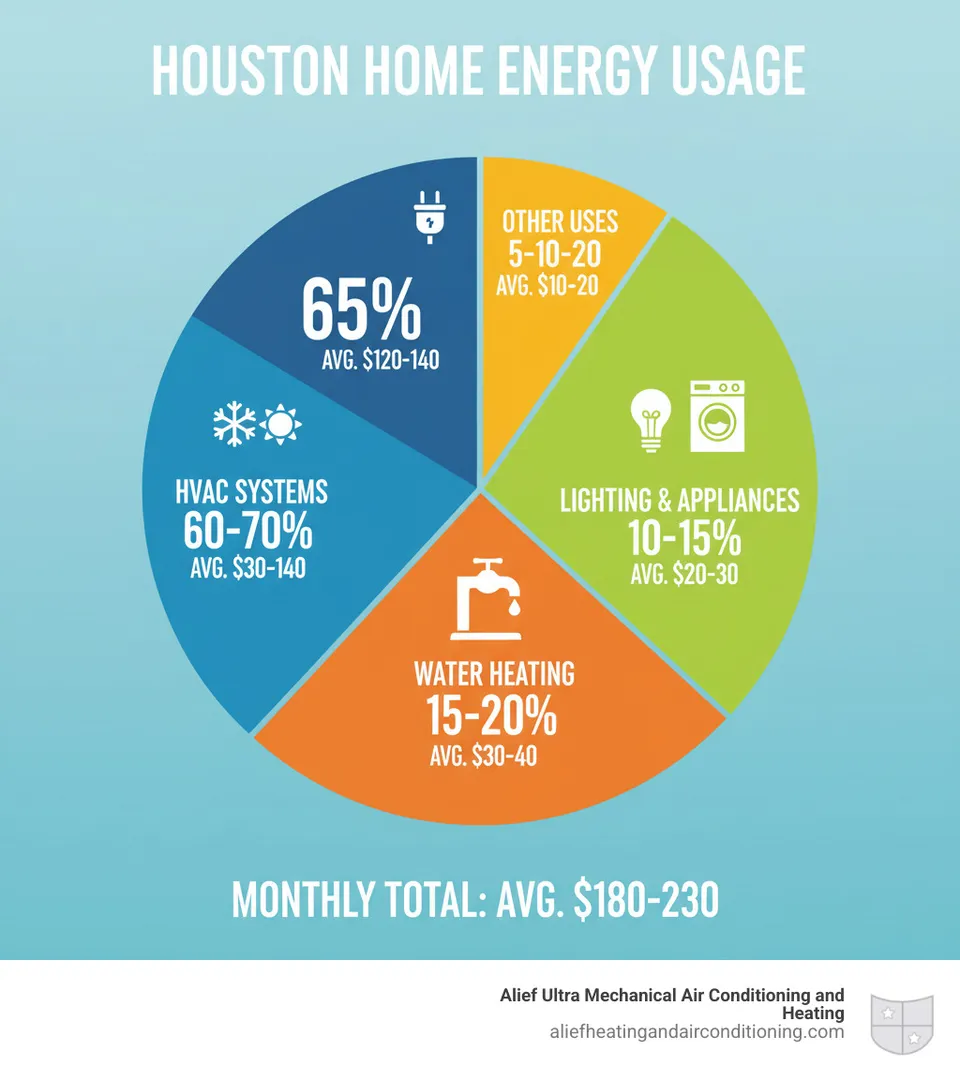 Infographic showing Houston home energy usage breakdown with HVAC systems consuming 60-70% of total energy, followed by water heating at 15-20%, lighting and appliances at 10-15%, and other uses at 5-10%, with specific dollar amounts for a typical monthly bill - hvac cost savings houston infographic 