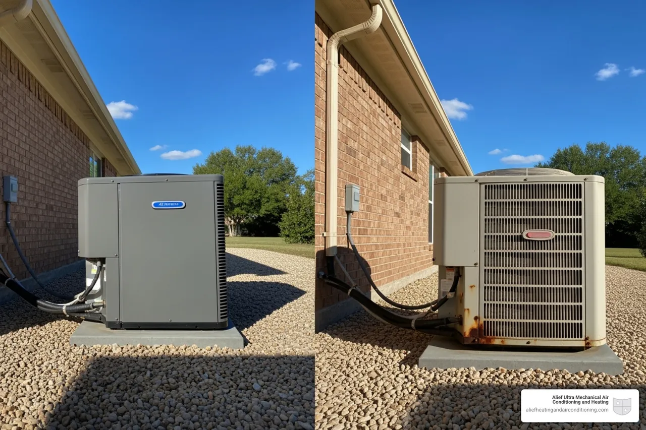 new, modern outdoor HVAC unit next to an older one - hvac cost savings houston