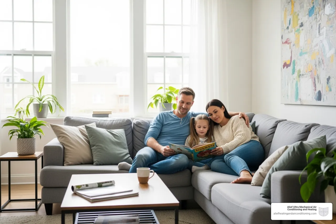 Family relaxing comfortably in their living room with efficient HVAC - energy efficient hvac houston