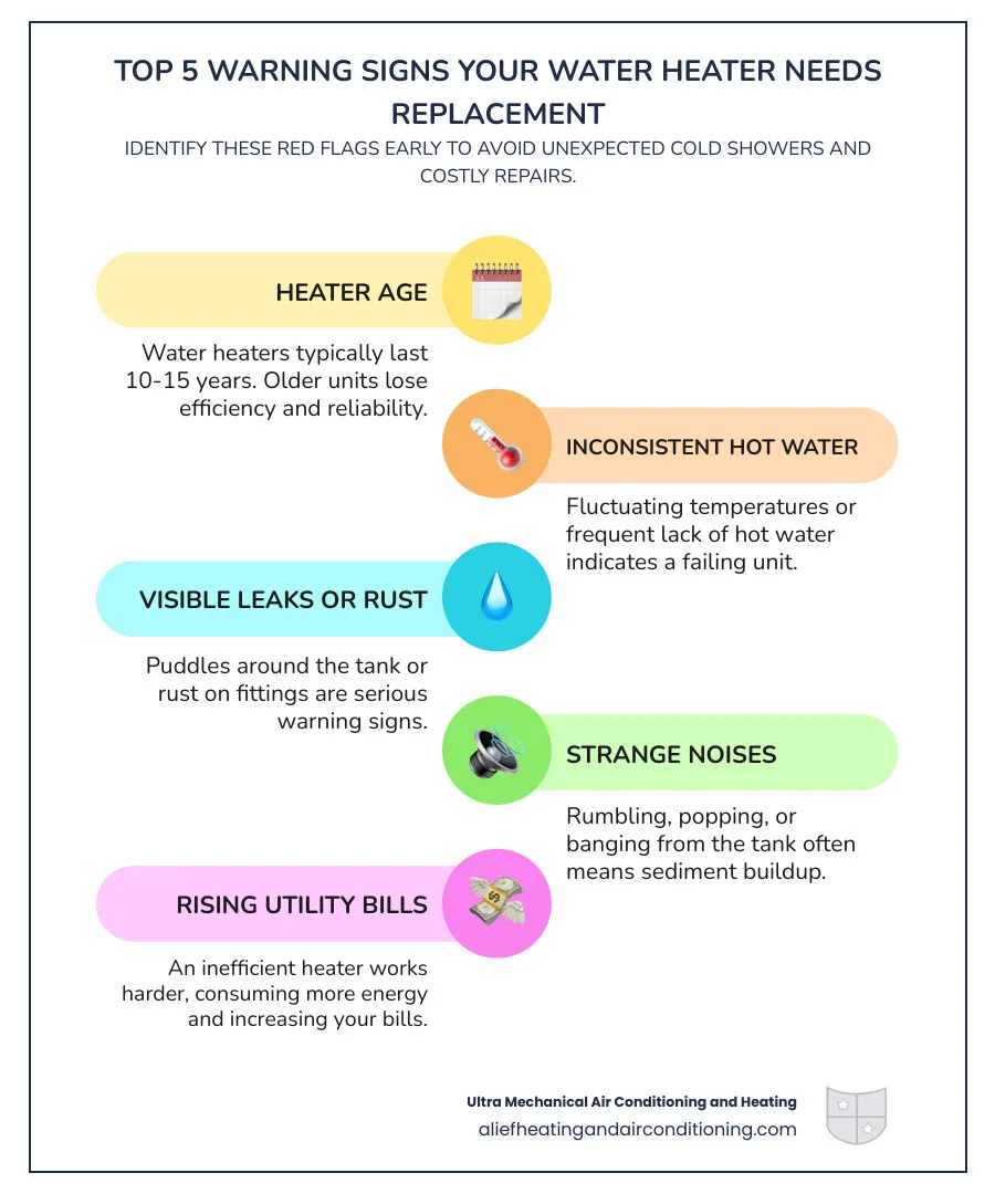 Infographic showing the top 5 warning signs your water heater needs replacement: age over 10-15 years, inconsistent water temperature, visible leaks or rust around the base, strange rumbling or popping noises, and rising utility bills due to decreased efficiency - heater replacement houston infographic infographic-line-5-steps-colors