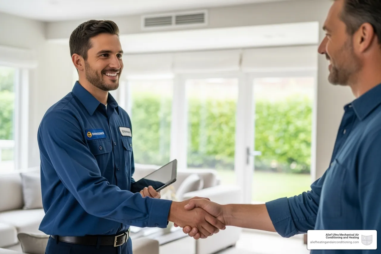 friendly, professional Ultra Mechanical technician shaking homeowner's hand - trustworthy hvac houston