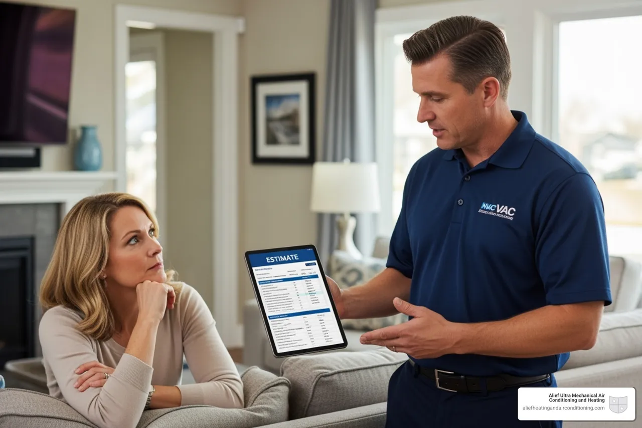 a technician providing a written estimate to a homeowner - new ac unit houston