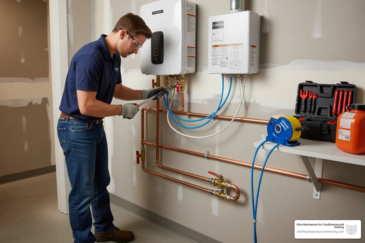 A certified technician professionally installing a new tankless water heater, ensuring all connections are secure and up to code - heater replacement houston