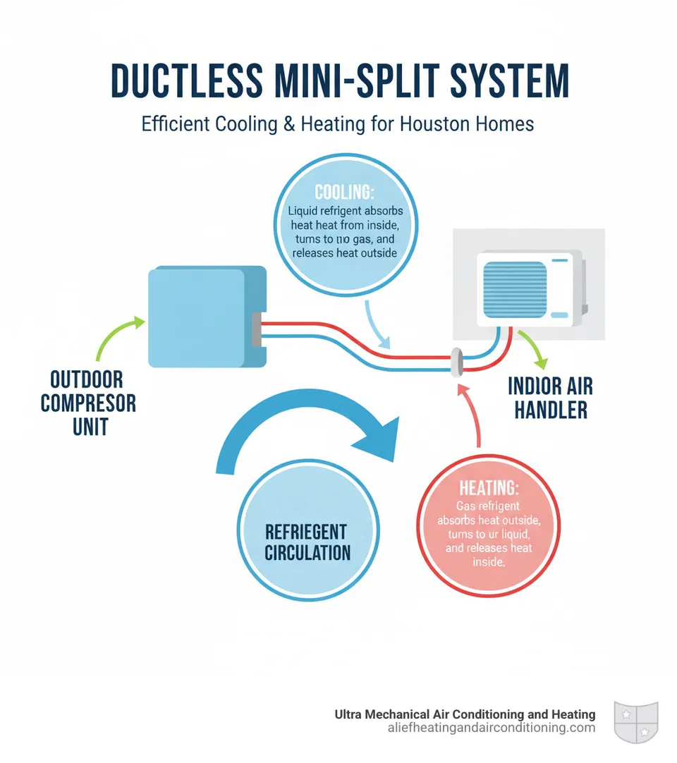 Infographic showing the basic components of a ductless mini-split system including outdoor compressor unit connected via refrigerant lines to wall-mounted indoor air handler, with callouts explaining how refrigerant circulates to provide cooling and heating - mini split installation near me houston infographic 