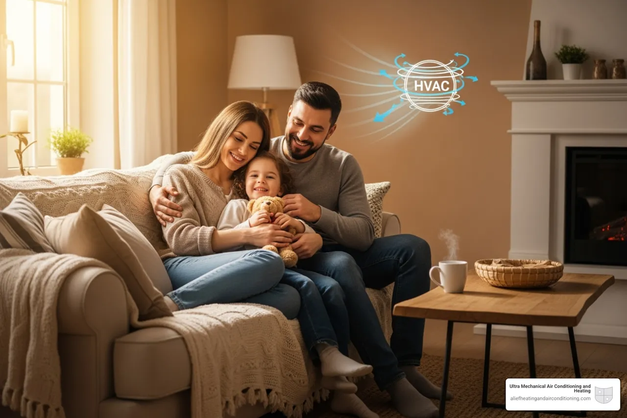 A family enjoying a warm and comfortable home, with a subtle graphic representing efficient HVAC - heater replacement houston