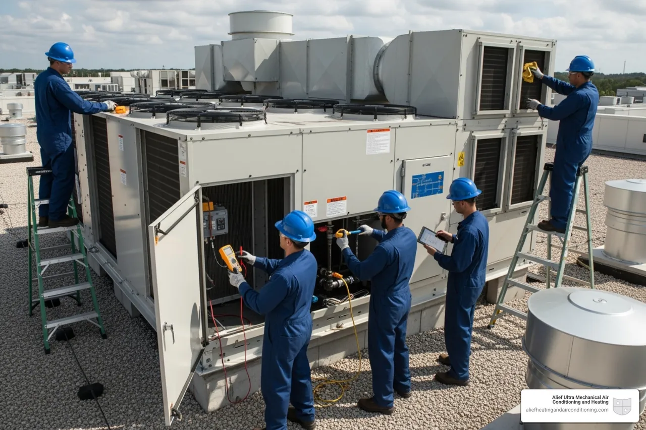 A team of technicians working on a large commercial rooftop unit - multi-family hvac houston