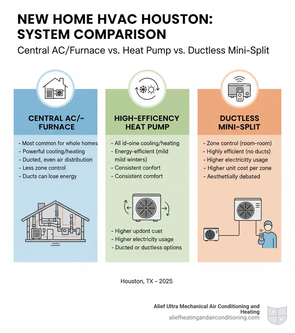 comparison of Central AC/Furnace vs. Heat Pump vs. Ductless Mini-Split - new construction hvac houston infographic 