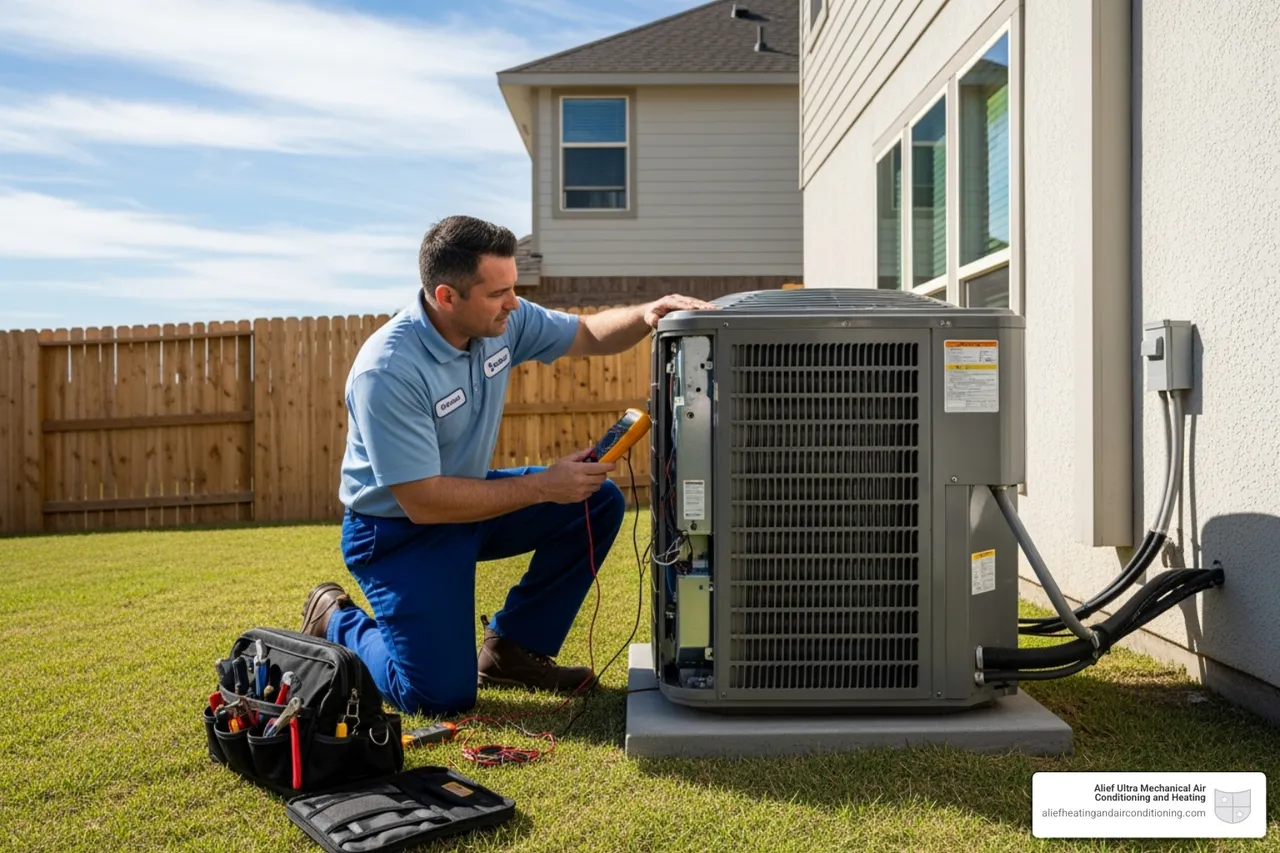 technician inspecting an outdoor AC unit - ac repair houston
