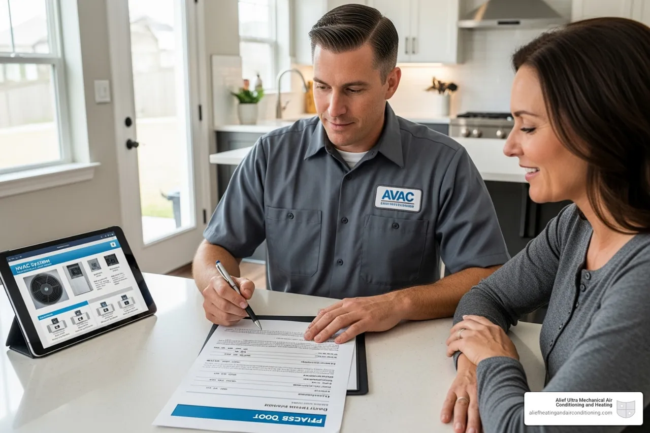 homeowner reviewing detailed quote with technician - trustworthy hvac houston