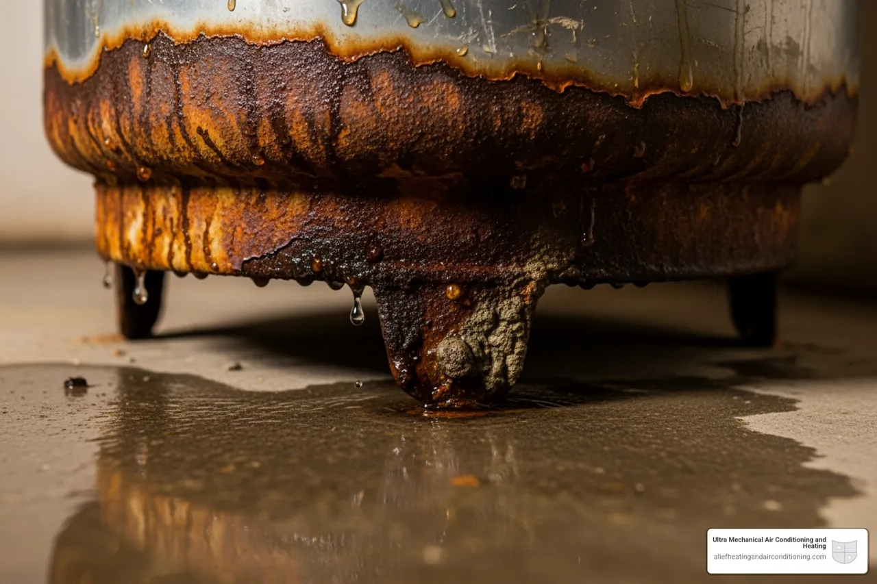 A rusty, leaking water heater tank base with visible corrosion - heater replacement houston
