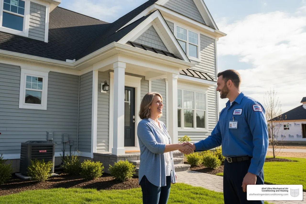 a friendly, uniformed technician shaking hands with a happy homeowner in front of their newly constructed home - new construction hvac houston